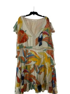 Tropical Toucan Print V-Neck Midi Dress - Multi